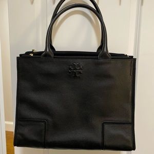Tory Burch Ella Leather / Canvas Tote Bag (Black)